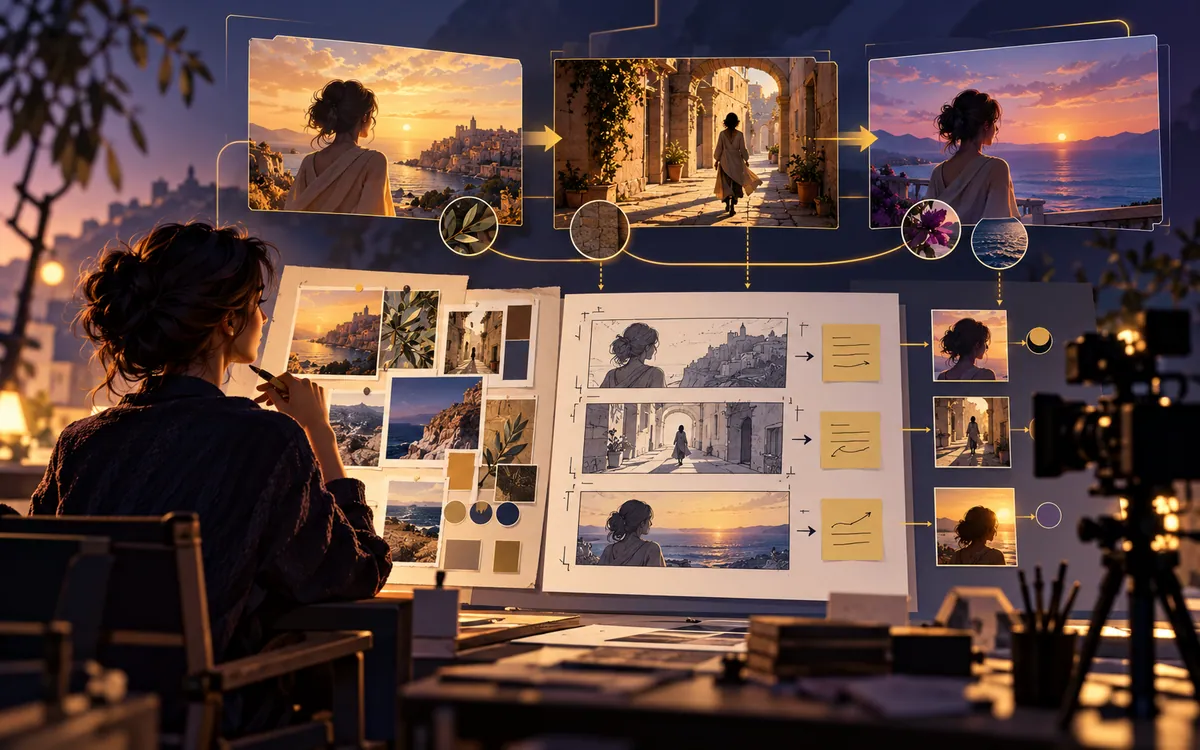 Illustration of an AI video directing workflow with references, storyboard, and shot revisions