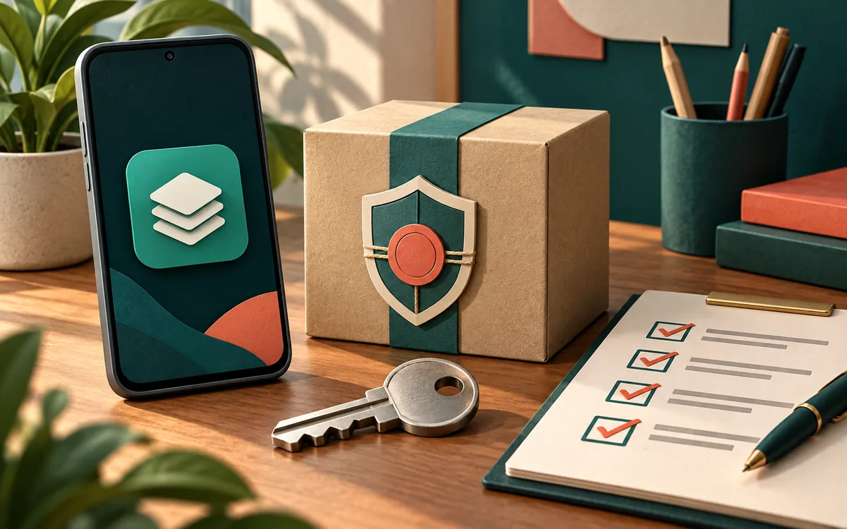 Conceptual illustration of a phone, sealed app package, signing key and verification checklist on a desk