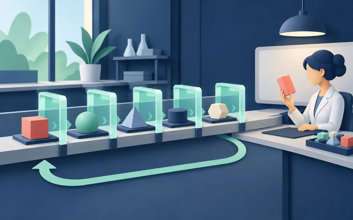 Illustration of five AI assistant tasks passing through acceptance checks and human review