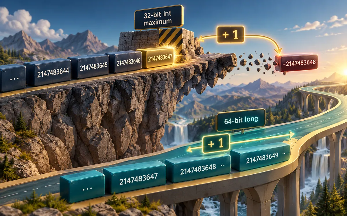 Conceptual Java integer-overflow illustration showing a narrow value path and a widened calculation