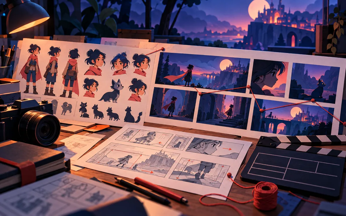 Illustration of an AI short-film storyboard with character references and continuity markers