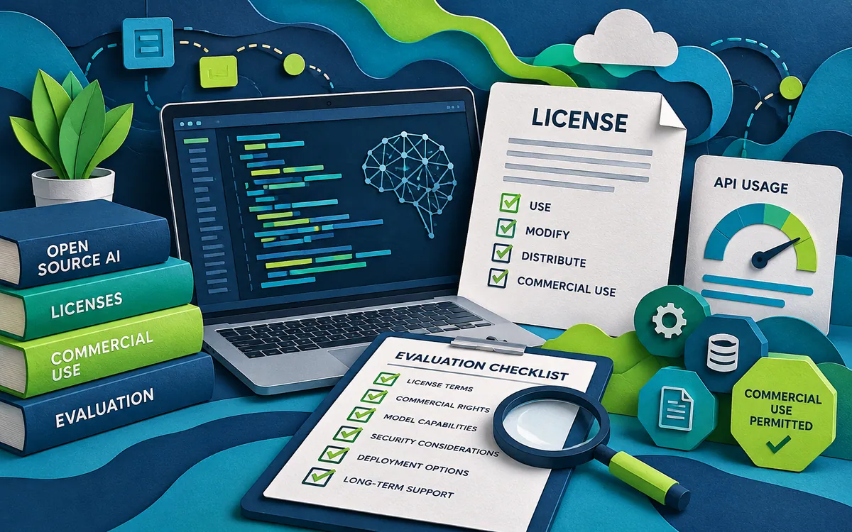 Illustration of an AI software license checked alongside API fees and commercial-use permissions