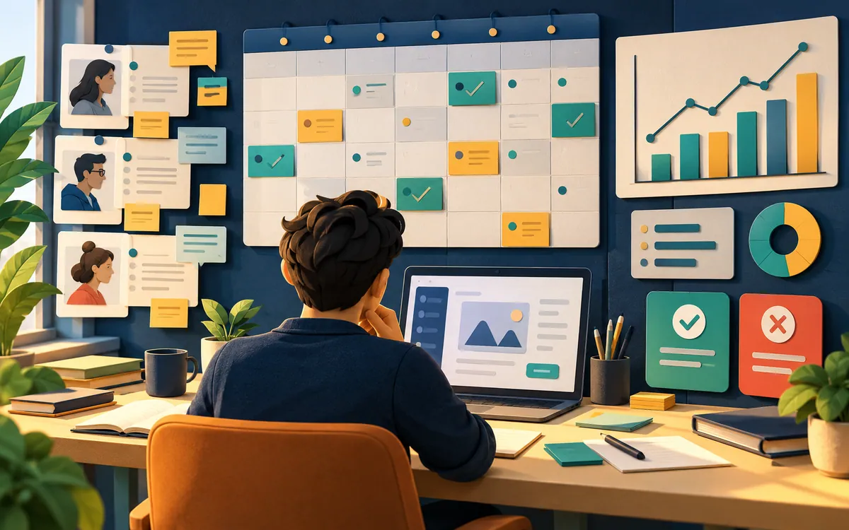 Illustration of a 30-day AI pilot workspace with interviews, prototype, measurements, and a decision