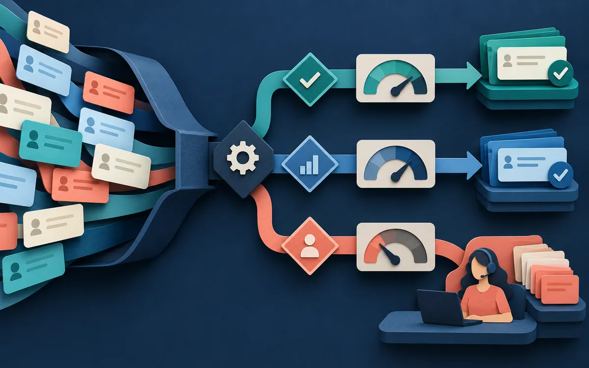 Illustration of support tickets passing through routing rules, a confidence check, and human fallback