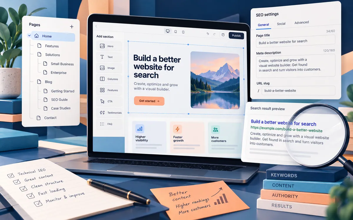 Illustration of a website builder workflow with metadata, sitemap, and search preview checks
